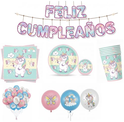 Vajilla Cumpleaños Unicornio Decoracion Completa 175 Piezas 30 Iinvitados - Pack Platos Desechables Elegantes Vasos Servilletas - Set Unicorn-30 Globos Cumpleaños Fiesta Feliz Pancarta happybirthday