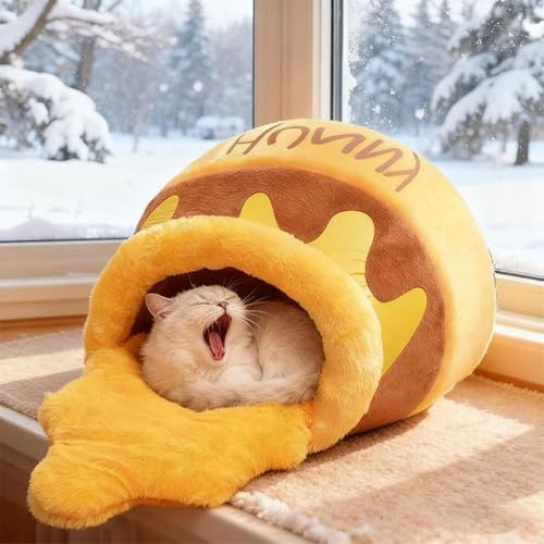 Honey Jar Cat Bed, Honigtopf Katzenbett, Niedliches Katzennest Honigtopfform, Katzenschlafsack Katzenhölenbett mit abnehmbarem und waschbarem Kissen, Haustierbett für Katzen und Kleine Hunde (L)