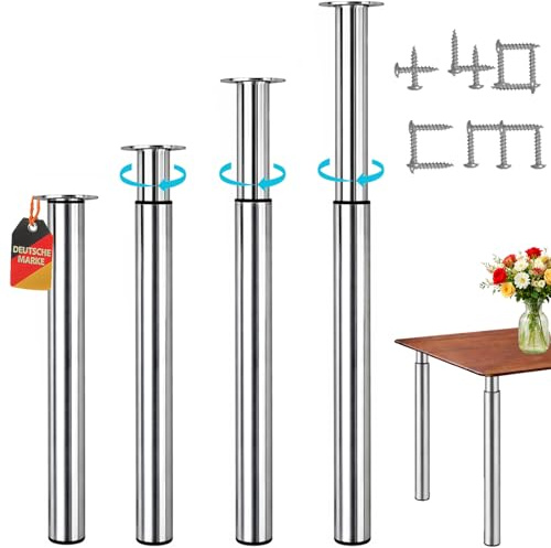 Stahlia höhenverstellbare Tischbeine 70–110 cm, Ø60 mm, stufenlos verstellbar 4er Set aus Metall – Edelstahl Optik, bis 200 kg, Tischfüße für Esstisch & Schreibtisch Schrauben & Bodenschutz
