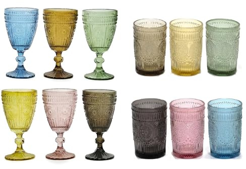 Set 12 Bicchieri in Vetro Lavorato Colorati Include 6 Calici con Piede e 6 Acqua vino bibite coktail 30cl stile barocco Multicolore Assortiti Design Elegante per Tavola e Feste Confezione Regalo