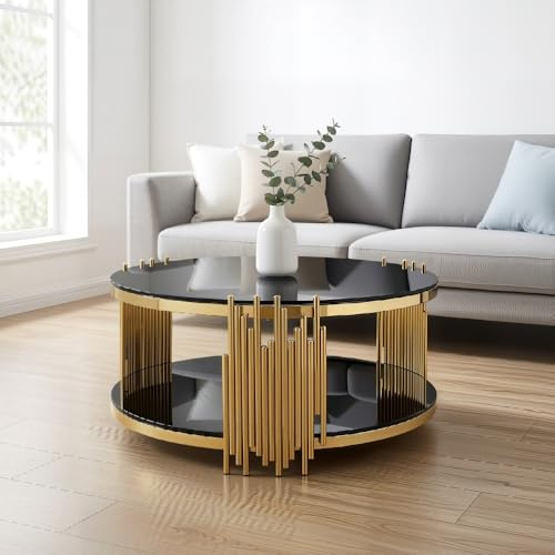 TOUSUNCO 80cm Moderner Schwarzer Glas Kaffeetisch, Runder Doppelglas Top Sofa Tisch, Luxus Mitteltisch mit Goldener Stahlbasis für Wohnzimmer, Zuhause & Büro