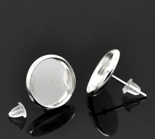 SiAura Material ® - 10x Ohrring Ohrstecker Rohling zum Schmuck basteln, Cabochon, Fassung 12 mm, Silberfarben