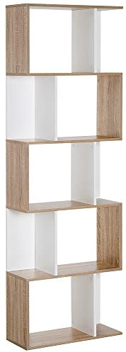 HOMCOM Estantería Librería de 5 Niveles Estantería de Madera Estantería para Libros en Forma de S Diseño Moderno para Salón Oficina 60x24x184,5 cm Blanco y Madera