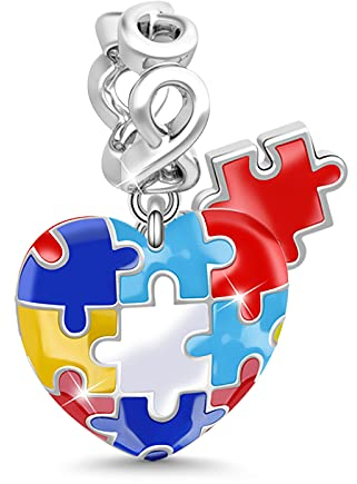 GNOCE Farbige Puzzleteil Herz Charm Anhänger S925 Sterling Silber Autismus Bewusstsein Charm Perlen für Armband Halskette Schmuck Geschenk für Damen Herren