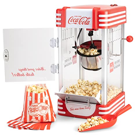 Salco Coca-Cola Popcornmaschine – Popcorn Maker im Retro-Design in Rot (50er Jahre), Kino-Style, Edelstahlkessel mit Antihaft-Beschichtung, integriertes Rührsystem, Beleuchtung & Kabelaufwicklung