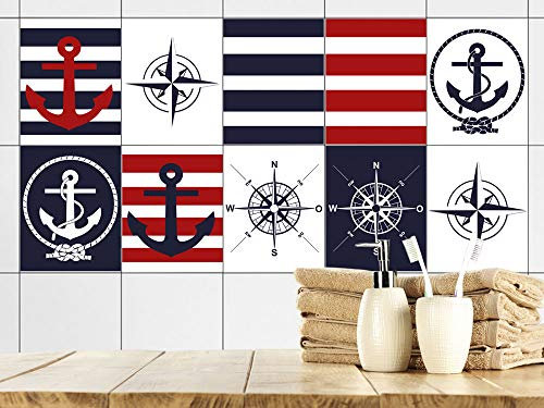 GRAZDesign Fliesenaufkleber Bad & Küche Maritim mit Anker in blau rot, Klebefliesen selbstklebend (10 Stück, 20x25cm)