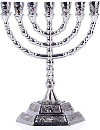 Jerusalem Menora mit 12 Stämmen von Israel, 7 Zweige, Silber, 20,3 cm