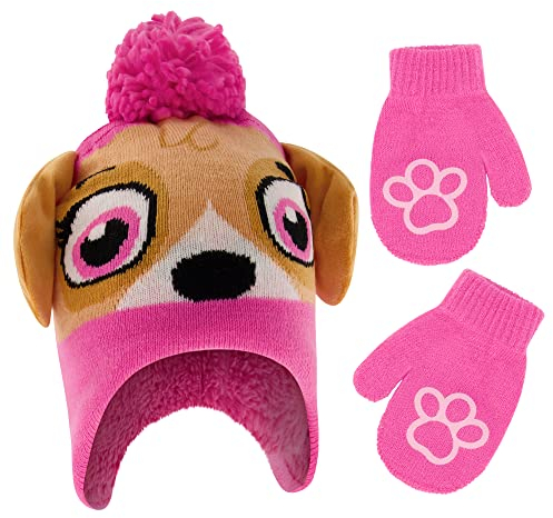 Nickelodeon Girls Winter Hat Set, Paw Patrol Skye Toddler Beanie and Mittens for Kids Age 2-4, Pink/Brown, One Size