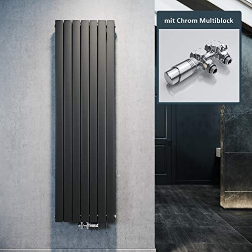 ELEGANT Design Heizkörper Flach 1800x539mm mit Chrom Multiblock Thermostat Flachheizkörper Anthrazit Doppellagig Vertikal Heizkörper Mittelanschluss