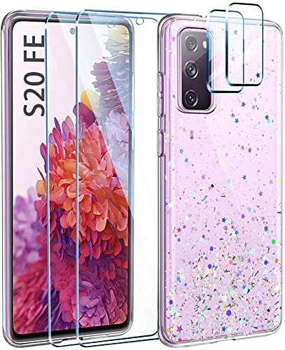 Leathlux Hülle für Samsung Galaxy S20 FE 5G+2 Stk Panzerglas+2 Stk Kamera Panzerglas,Handyhülle Transparent Pailletten Glitzer Weich TPU Silikon Ultra Dünn Stoßfeste Fallschutz Schutzhülle