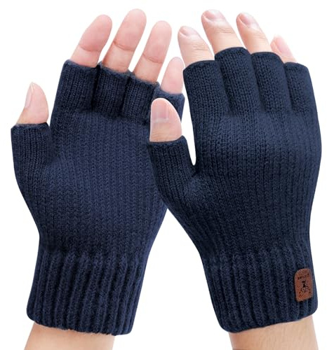 Guanti senza dita – Guanti termici da uomo, guanti invernali lavorati a maglia con morbida fodera a mezze dita, guanti caldi per uomini e donne all’aperto, per guida in bicicletta, Blu, Taglia unica