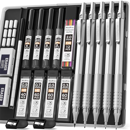 Nicpro 5 Stücke Druckbleistifte Set Metall Mechanische Bleistifte 0,3 & 0,5 & 0,7 & 0,9 mm & 2mm Fallminenstift (4B 2B HB 2H) mit Bleistiftminen (Schwarz & Farben) Radiergummi Etui für Zeichnen