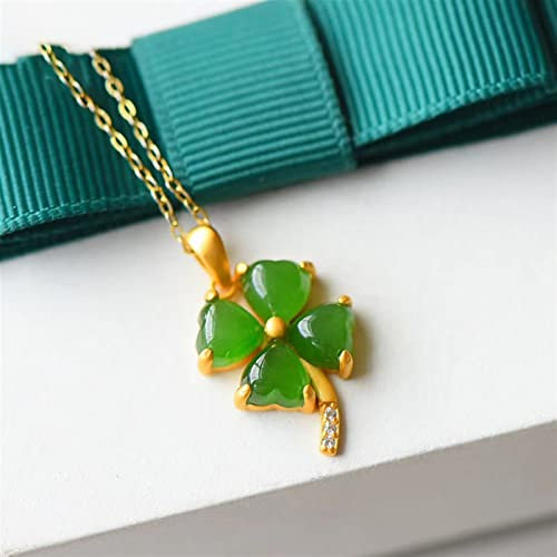 Naturel Jade Trèfle Collier Pendentif Chinois Retro Palace Style Unique Ancienne Craft Or Femme Bijoux (Gem Color : Green)