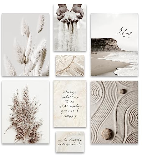 ARTFAVES® Poster Set - BEIGE DREAMS - mehrteilige Wanddeko Wohnzimmer & Schlafzimmer - 8 moderne Wandbilder Pampasgras, Meer, Strand, Achtsamkeit, Yoga - ohne Bilderrahmen