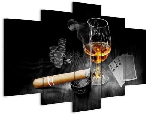 B&D XXL - Leinwandbild Alkohol Zigarre Poker, Schlafzimmer, Wohnzimmer | Hochwertige Leinwand, sofort aufhängbar, ideal fürs Wohn- oder Schlafzimmer, wasserfest und lichtecht, langlebig, stilvoll
