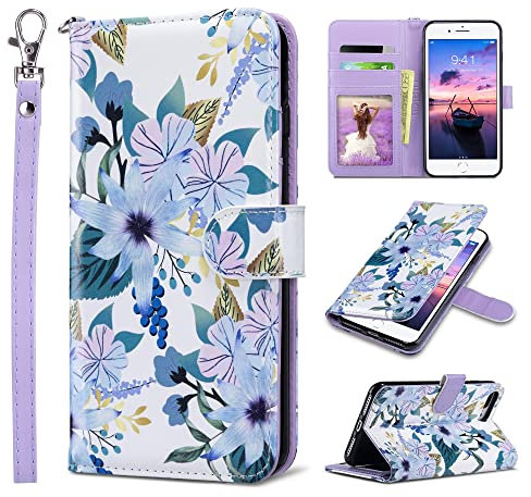 ULAK Wallet für iPhone 8 Plus Hülle, iPhone 7 Plus Lederhülle Flip Cover Tasche Brieftasche Schutzhülle Magnet Handyhülle Standfunktion Phone Case für iPhone 7 Plus/iPhone 8 Plus - Blüte Blau
