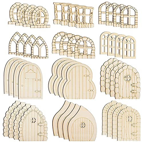 Unpainted Fairy Theme Mini Door, 48pcs Mini Wooden Fairy Doors, Miniature Wooden Fairy Doors, Wooden Fairy Door Craft Kit, Elf Doors, Garden Doors Windows Craft for DIY Craft Birthday Wedding Party