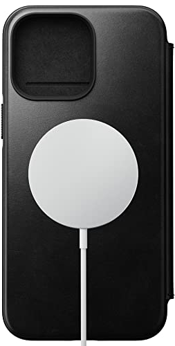 Nomad Moderne Lederhülle für iPhone 14 Pro Max – Horween Schwarz Leder Wallet Flip Case 3 Kartenfächer 360° erhöhte Kanten Schutz Bumper 3 m Fallschutz Mag Safe & Wireless Charging