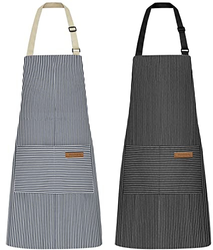 Riqiaqia Pack of 2 Women's Cooking Aprons, Kitchen Apron with 2 Pockets for Cooking, Baking, Painting, Housework (Black Pinstripes/Blue Pinstripes)