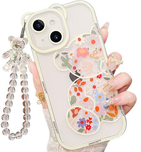 IAIYOXI for iPhone 13 Case with Cute Flowers Bear Pattern, Camera Protector, Clear Phone Case and Lovely Strap Bracelet Chain, Compatible for iPhone 13 for Girls Women (Clear)