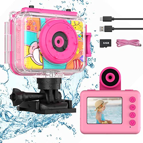 Ushining Cámara Fotos Infantil Impermeable, 12MP Cámara Fotos Niños HD 1080P Videocámara de Acción Subacuática Niños con Pantalla de 2,0 Pulgadas Tarjeta de 32GB TF, Regalo para Niños 3-12 Años, Rosa