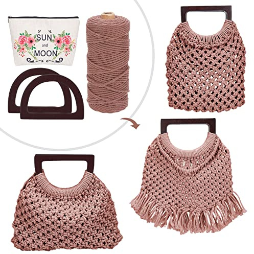 WEBEEDY Makramee Tasche DIY Kit Für Erwachsene Anfänger Boho Makramee Handtasche Mit Holzgriff Handgefertigte Strandtasche Kit Für Frauen/Mädchen Starter DIY Set Geschenke zu Weihnachten(Bräune)