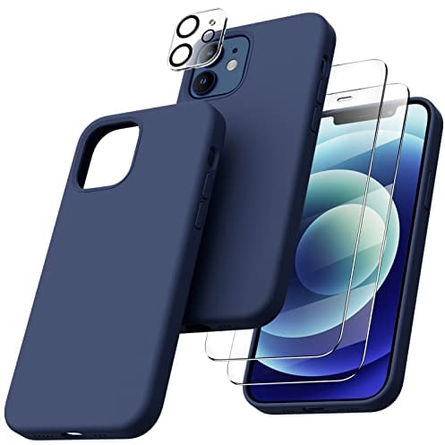 ORNARTO Compatible with iPhone 12 Case, iPhone 12 Pro Case, with 2 x Screen Protector + 2 x Camera Lens Protector, Slim Liquid Silicone 3 Layers Full Covered Soft Gel Rubber Case Cover-Navy blue