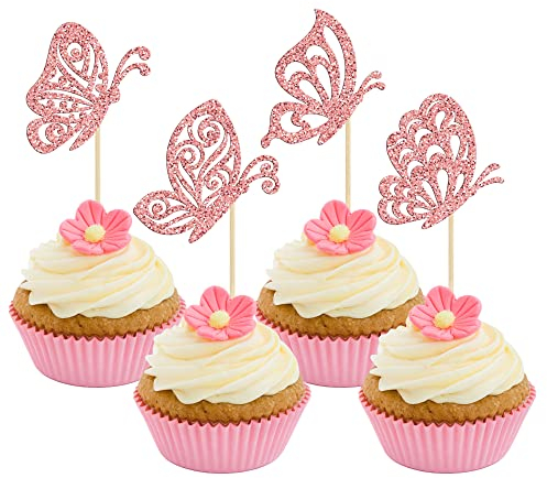 24Pcs Butterfly Cupcake Toppers Glitter Assembled Mixed Styles Hollow Butterfly Cupcake Picks Baby Shower Cake Decorations for Baby Shower Kids Birthday Party Supplies Rose Gold