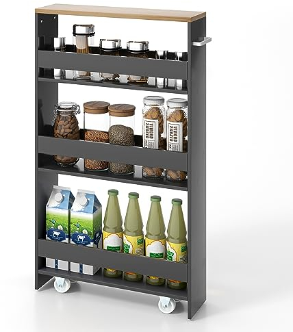 KOMFOTTEU Chariot de Rangement Coulissant à 4 Étagès, Petite Desserte de Cuisine avec 4 Roues universelles, Chariot Organisateur avec Poignée, Gain de Place (47,5 x 13 x 80,7 cm, Gris + Naturel)
