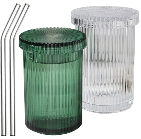 Hilai Bicchieri, occhiali a coste con coperchi e cannucce 2 pc bicchieri vintage scanalati impostati da 400 ml di bicchieri a strisce limpide.