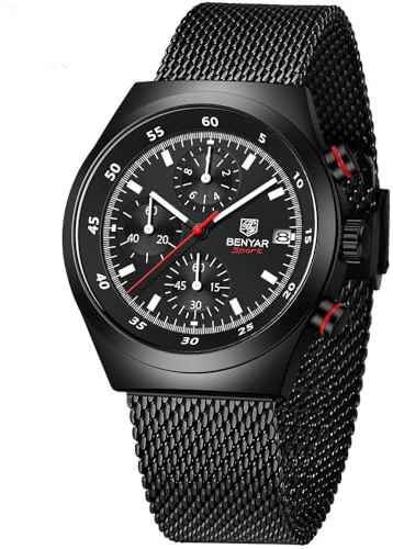 BENYAR Herrenuhr Military Time Code Uhr Mesh-Armband Analoges Quarzwerk Business Datum wasserdichte Uhr Herrengeschenk BY-5200M(schwarz)