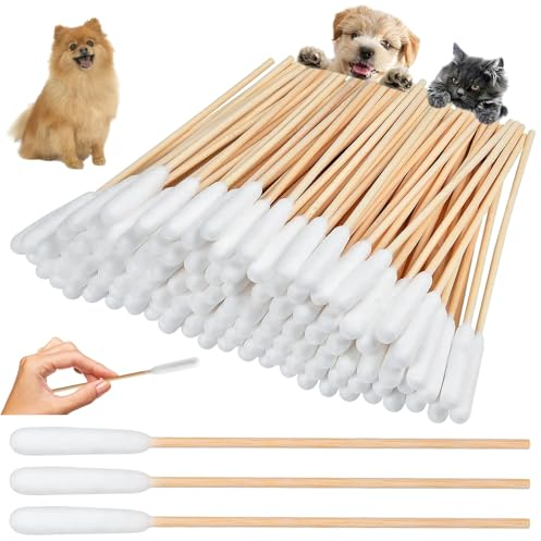 Devenirriche Pet Dog Ear Cleaner Cotton Buds, 15cm Long Cane Stick Cotton Buds, Pet Ear Cleaning Swabs Sticks, Cotton Buds for Cleaning Animals Ears Wax Infection Removal (50 Pack)