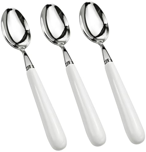 MEIYAHOME Cuchara de cena fina de 20 cm con borde redondo de calidad 18-10 de acero inoxidable blanco mango de cerámica, cucharas de sopa cubiertos de pulido de espejo, cuchara de comida principal