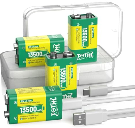 TQTHL 4-Pack 9V Battery for Smoke Detector,USB Rechargeable 9V Lithium Batteries - 13500mWh Long Lasting Li-ion 9 Volt Batteries with USB-C Charging Cable - Quick Charge in 1.5 Hours