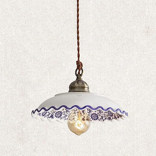 SWEMOPP Blue and White Porcelain Pendant Light Large Art Glass Modern Bowl Hanging Pendant Light Ceramic Vintage Farmhouse Chandeliers for Dining Room Kitchen Island Bedroom Restaurant Bar