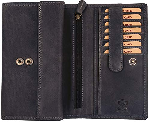 Hill Burry Damen Portemonnaie Leder | Geldbörse Damen Echt Leder Groß | XL Geldbeutel aus weichem Rindsleder | Hochwertiges Vintage Frauen Portmonee mit RFID Schutz (Grau)