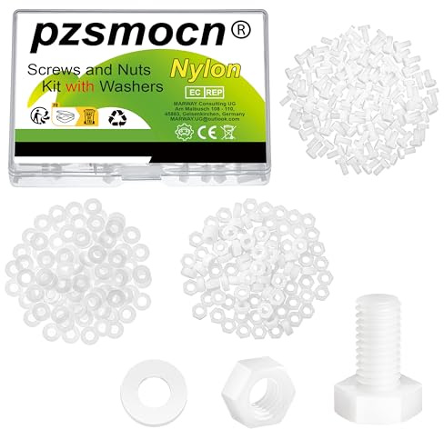 Pzsmocn 300 Stück/100 Sätze M4*8 mm Weißes Nylon Kunststoff Äußeres Sechseck Schrauben-Muttern-Kombinationsset mit Isolierscheibe, Standardgröße für Heimwerker und Elektronische Montage.