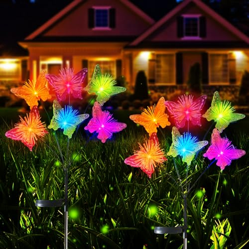 Solarlampen Für Außen Solar Gartenleuchten, 2 Stück Lebensechte Schwankende Schmetterlings Solarleuchten Für Draußen, 7 RGB Wasserdichte Solarleuchten Für Außen Für Hof, Wege, Gartendeko (Bunt)