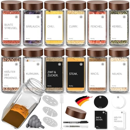 Miorkly Gewürzgläser Eckig Set 12er,Gewürzstreuer Glas mit Holzdeckel 120ml,Küchenzubehör zur Gewürze Aufbewahrung,Gewürzdosen,Gewürzbehälter mit Gewürzetiketten,Trichter-Spice Jars