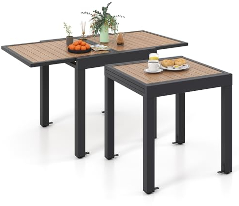 GOPLUS Gartentisch ausziehbar, 80/160x80x75cm Terrassentisch wetterfest aus rostfreiem Aluminium mit Holzoptik, Ausziehtisch für 4 bis 6 Personen, Outdoor Esstisch für Garten Rasen Veranda (Braun)