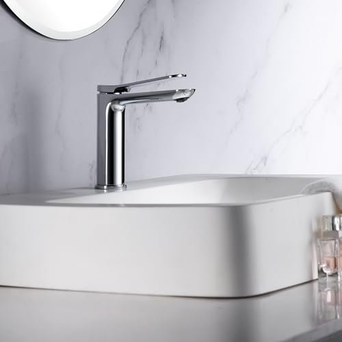IMEX - Grifo Monomando Lavabo | Grifo Baño Mezclador Agua Fria y Caliente | Grifo para Baño Acero Inoxidable y Ahorro de Agua sobre Encimera | Serie Dinamarca | Color Cromado
