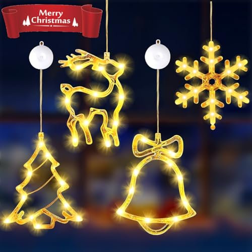 LED Weihnachtsbeleuchtung Fenster, 4 PCS LED Saugnapf Weihnachten Lichter, Led Weihnachtsstern Beleuchtung, Lichter Fenster Weihnachten mit Saugnäpfe für Weihnachtsdeko Innen Außen 40LEDs-Warmweiß