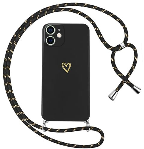 Oelrstfe Coque pour iPhone 12 Mini avec Cordon de Collier Étui Housse Souple Silicone avec Motif Coeur et Portable Lanyard Réglable Antichoc Anti-Chute Bandoulière Lanière Case,Noir