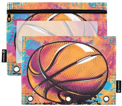 Mnsruu Basketball-Pop-Art-Beutel mit 3 Ringen, mit Reißverschluss, transparentes Fenster, Schreibwaren-Tasche zur Aufbewahrung von Schul- und Bürobedarf, 2 Stück, mehrfarbig, Einheitsgröße,