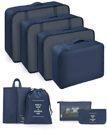 Carttiya Koffer Organizer Set, 8-Teilige Reise Organizer für Koffer Ultraleichtes, Atmungsaktives und Waschbares Packwürfel-Set Geeignet für Reisen, Urlaub und Camping （Marineblau）