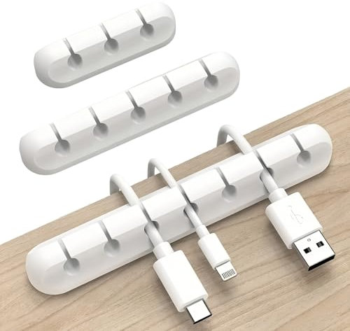 3-Pack Silicone Cable Holder Organiser Clips - Durable Adhesive Cord Management for Desk, Home, Office & Car - Tidy Cable Holder Set for USB, Charging, and Power Cords - (753-Slot, White)