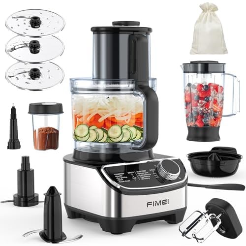 FIMEI Robot culinaire multifonction 1300W, 3 vitesses et fonction pulse, hachoir 3,5L, mixeur 1,5L, moulin, presse agrumes, crochet pétrisseur, fouet, râpe, disque tournant, Sans BPA