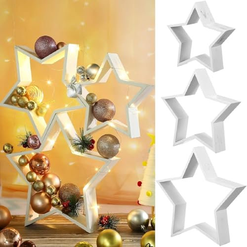 Holzsterne 3er Set Selbststehend Holz Star Weihnachts Dekoration Ideen mit Herz Holzrahmen Groß Weiß Sterne Deko Hinstellen Dekostern Winter Weihnachtsschmuck für Weihnachtsdeko Tisch Fensterbank