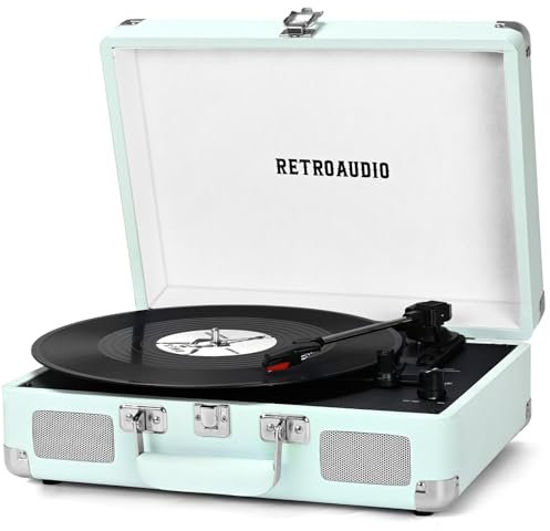 Giradischi in vinile Bluetooth vintage portatile con altoparlanti integrati, giradischi azionato a cinghia a 3 velocità, supporto uscita RCA e uscita cuffie (verde menta)