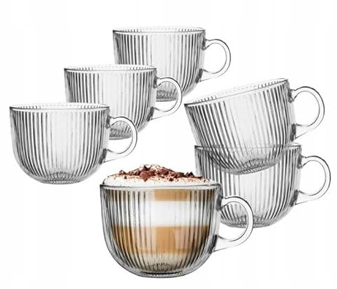 AzaliaDesign Kaffeetassen Glastassen Teetasse aus Glas für Tee, Kaffee, Flat White, Cappucino mit Riffelung 510 ml Selena NEU 6 Stück